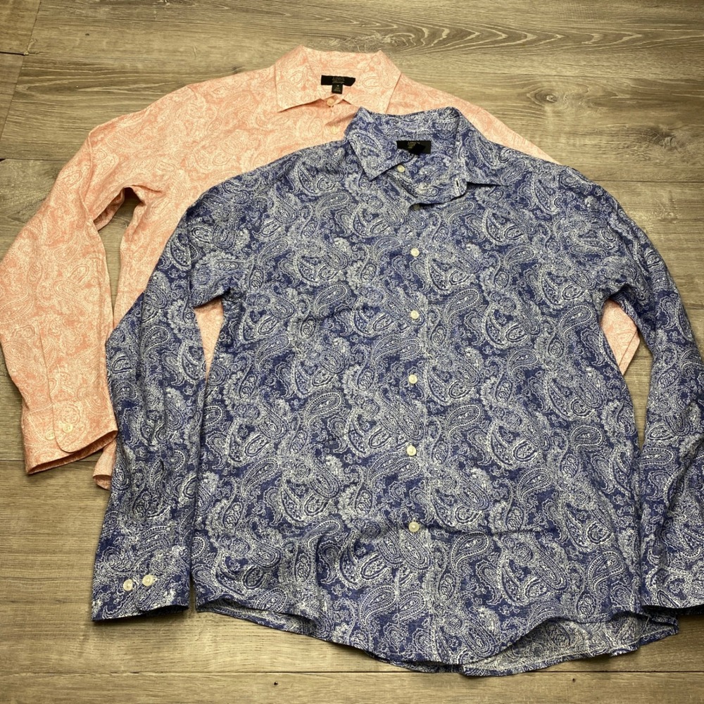 Club Room Luxury 100% Linen Shirt Mens Med‎ Paisley Button Down Bundle Blue Pink